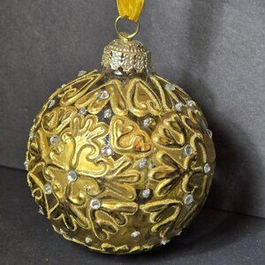 Frontgate Gold Glass Ornament Hand Decorated Glitter Embellished 4 Inch Holiday